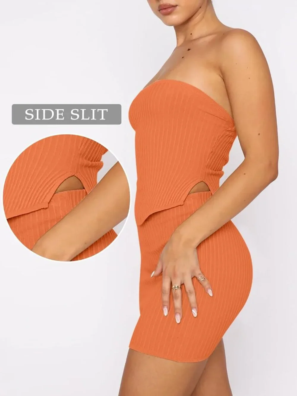 Women's Orange Viscose Strapless Crop Top With Skirt Mini Club Bodycon Dress